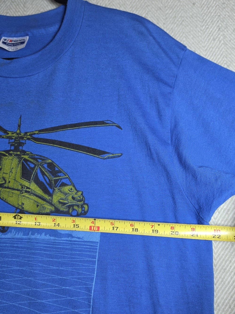 Vintage 80s Apache AH 64A Helicopter Hanes Blue Tee Single Stitch Green Yellow - Picture 5 of 9